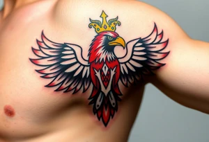 A majestic red and white Moravian eagle with golden crown on its head with intricate tribal patterns tattoo idea