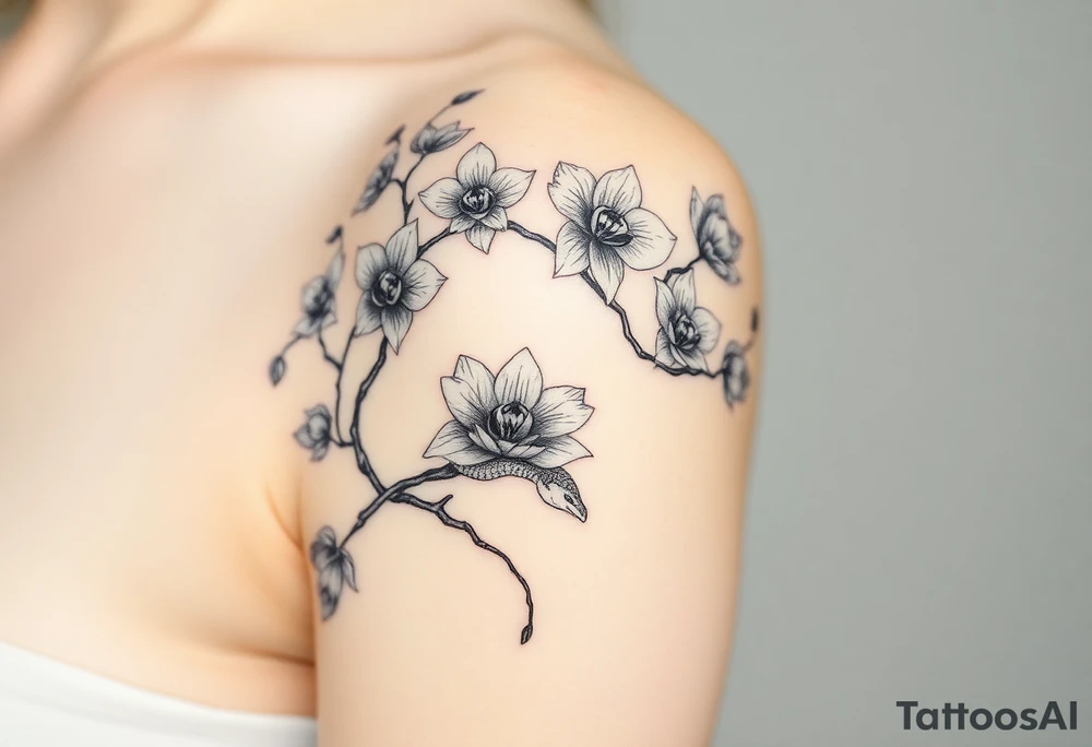Orchid or cherry blossom tree and lotus and snake and angels on a woman tattoo idea