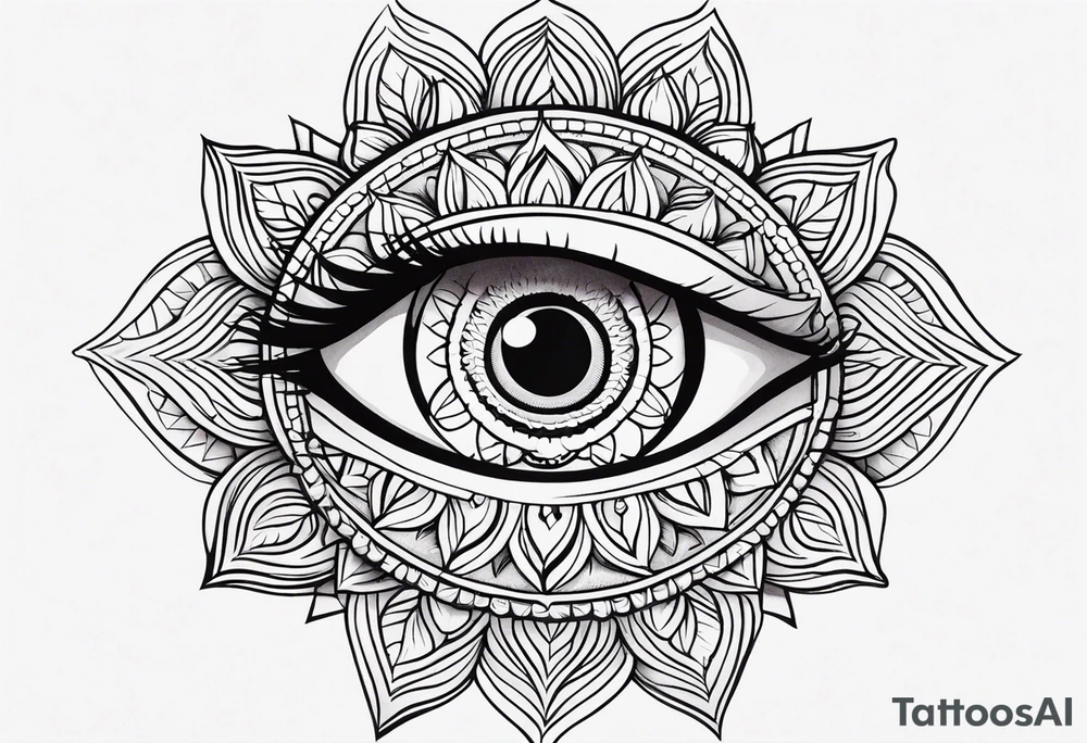 Mandala design with realistic woman’s eye in the center tattoo idea