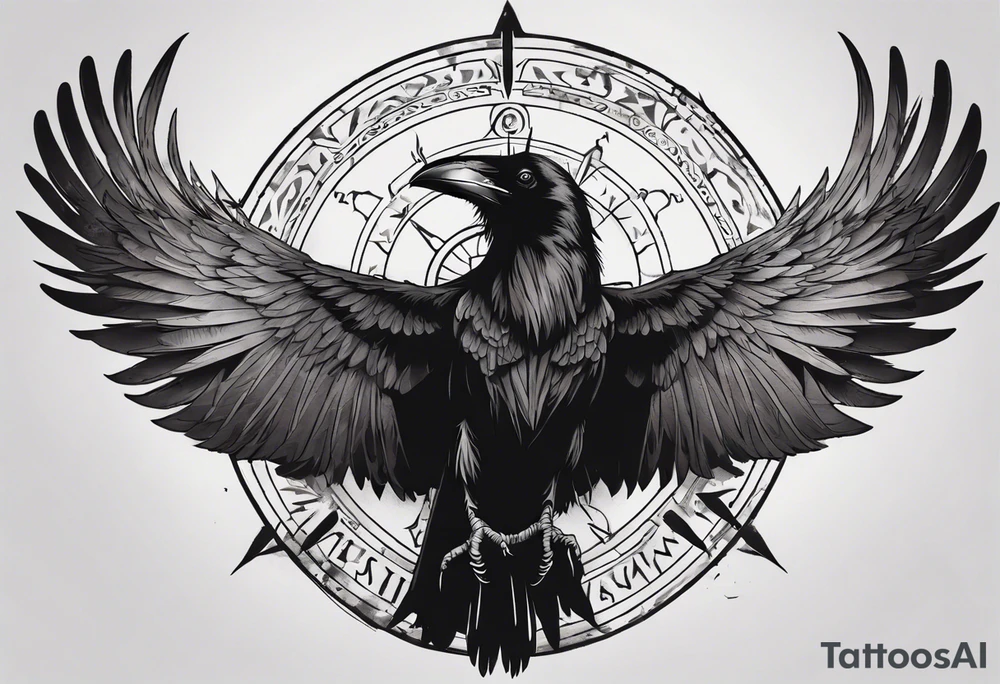 black raven with wings spread in the foreground with a viking compass in the background tattoo idea
