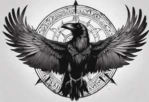 black raven with wings spread in the foreground with a viking compass in the background tattoo idea