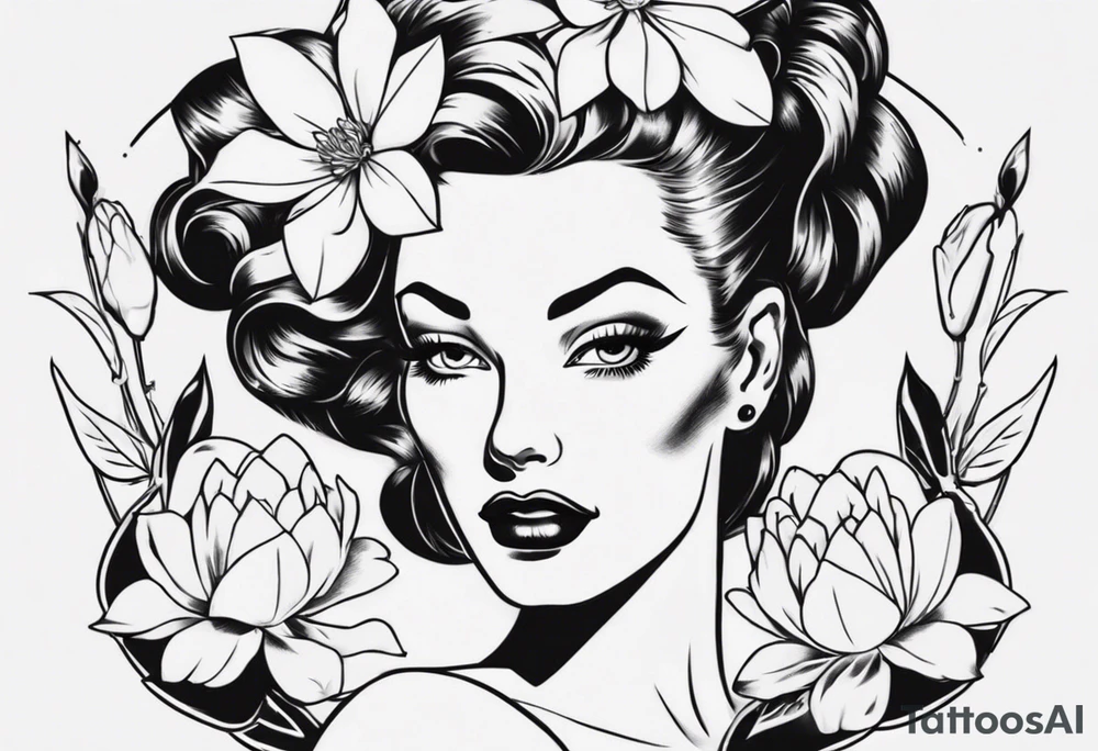 pin-up style queen with retro features surrounded by magnolia flowers tattoo idea pin-up style queen with retro features surrounded by magnolia flowers tattoo idea