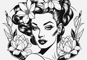 pin-up style queen with retro features surrounded by magnolia flowers tattoo idea