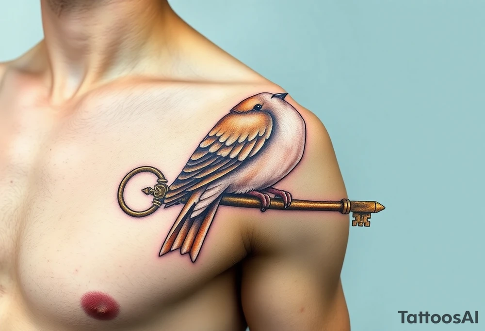 A collared dove perched on a vintage key, with the dove in soft browns and whites, and the key in antique gold, symbolizing love, protection, and freedom tattoo idea