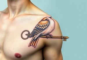 A collared dove perched on a vintage key, with the dove in soft browns and whites, and the key in antique gold, symbolizing love, protection, and freedom tattoo idea