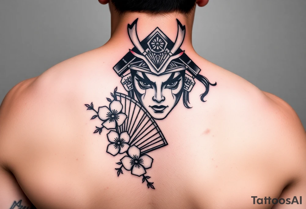 Samurai Asian face warrior
 with a fan across her face with cherry blossom with wind tattoo idea