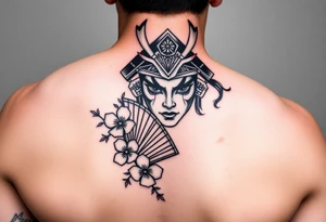 Samurai Asian face warrior
 with a fan across her face with cherry blossom with wind tattoo idea