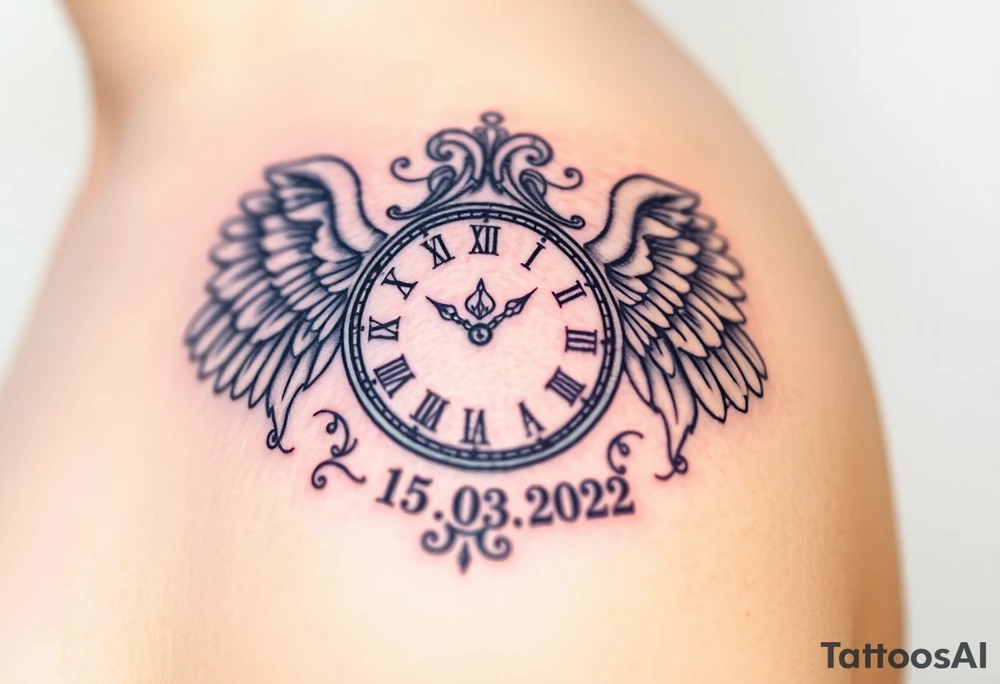 An ornate clock face encased in angel wings and date of birth 15.03.2022, symbolizing protection and love, in soft gray and white with golden highlights tattoo idea