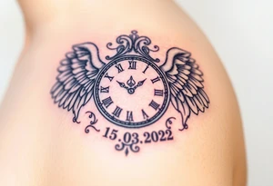 An ornate clock face encased in angel wings and date of birth 15.03.2022, symbolizing protection and love, in soft gray and white with golden highlights tattoo idea