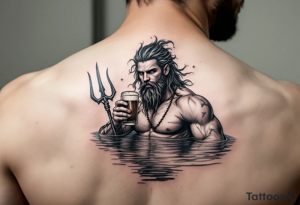 young, fit poseidon in calm water, holding a trident, drinking a beer, with foot on his bicep tattoo idea