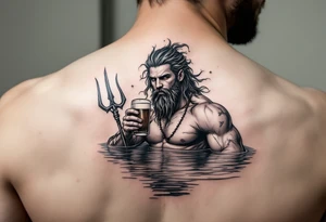 young, fit poseidon in calm water, holding a trident, drinking a beer, with foot on his bicep tattoo idea