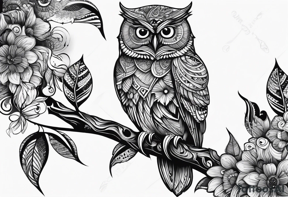 “A wise owl perched on a branch, with large, expressive eyes and intricate feather patterns, representing wisdom tattoo idea