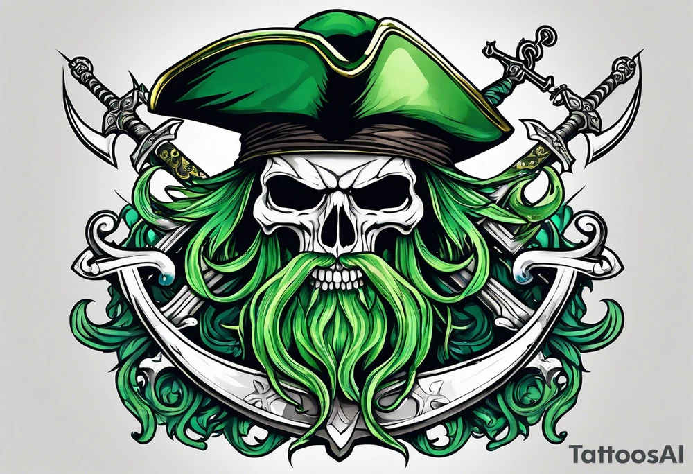 green pirate squid holding sword and anchor, black hat, skull face, beard tattoo idea