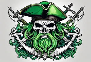 green pirate squid holding sword and anchor, black hat, skull face, beard tattoo idea