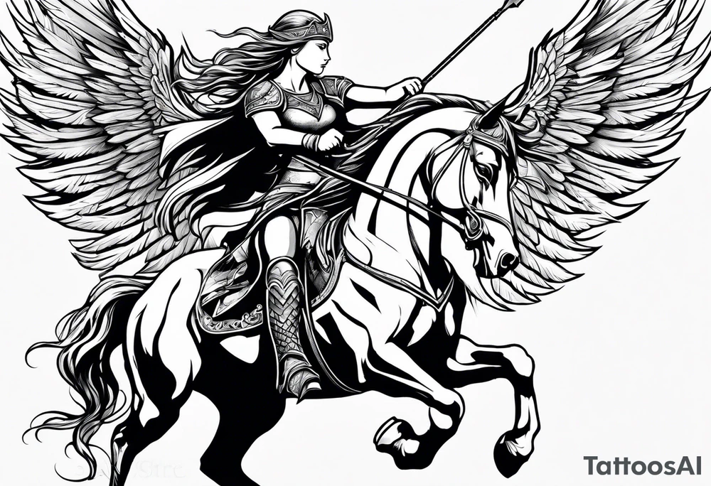 Valkyrie on winged Pegasus, flight, holding spear, looking down tattoo idea