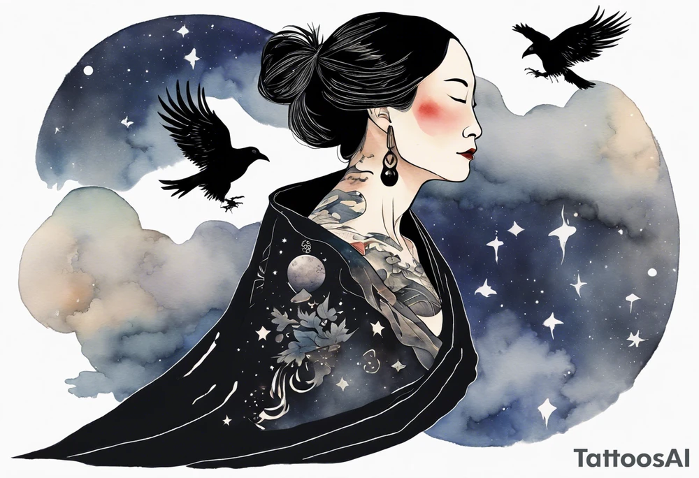 a beautiful 55 year old Dakota woman wearing a black tunic, floating in the night sky, a raven on her shoulder tattoo idea