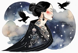 a beautiful 55 year old Dakota woman wearing a black tunic, floating in the night sky, a raven on her shoulder tattoo idea