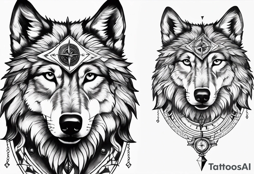 Compass in a wolf face tattoo idea