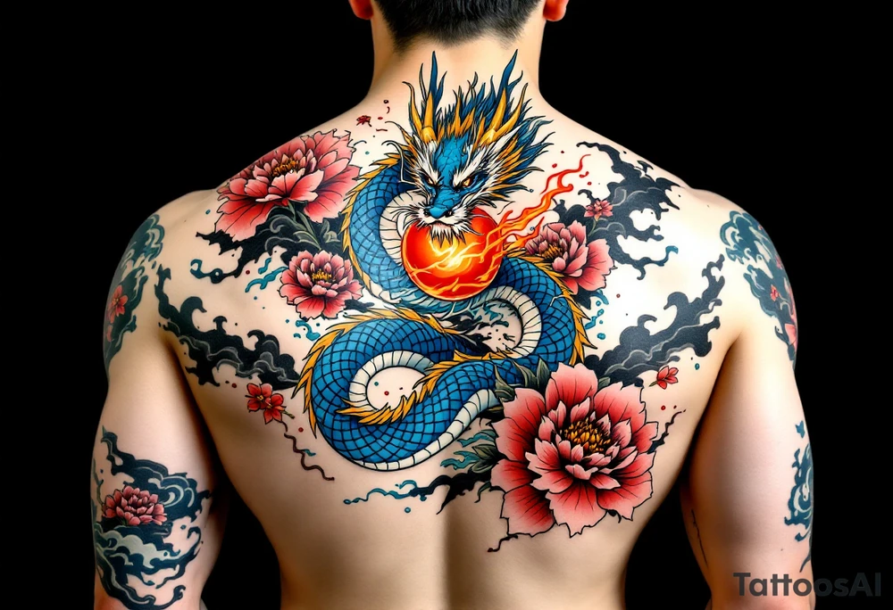 A traditional full-back irezumi tattoo featuring a majestic blue-scaled dragon with white whiskers and golden horns, coiled powerfully around a red and orange flaming pearl, surrounded by blooming pink chrysanthemums and deep red peonies, with waves of swirling black and grey wind bars, backgrounded by stormy clouds and stylized splashes of turquoise water that cascade down both arms and across the shoulders in dramatic motion. tattoo idea
