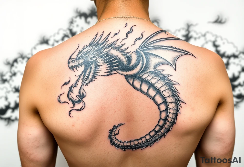 fierce dragon breathing iridescent fire against stormy skies tattoo idea