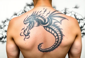 fierce dragon breathing iridescent fire against stormy skies tattoo idea
