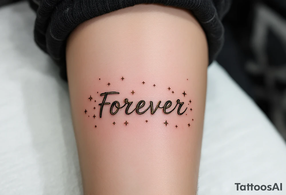 "Forever" etched in gold metallic ink across the spine, surrounded by tiny celestial stars. tattoo idea