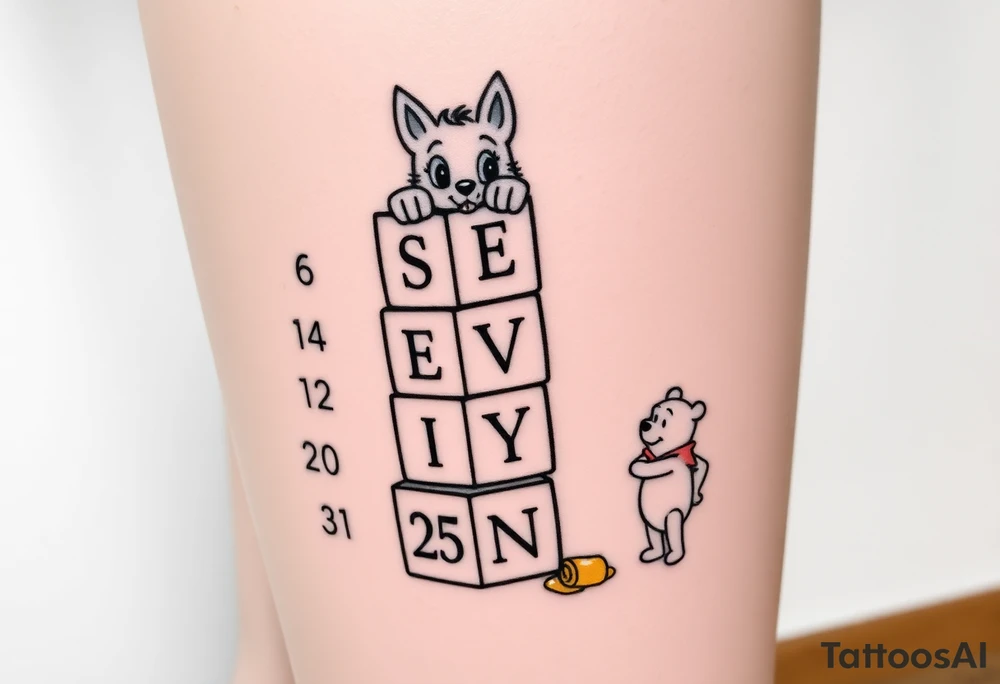 a thigh tattoo with alphabet blocks going down vertically stacked crooked but on the alphabet blocks,the name S E V Y N is alternated on the sides of all five blocks and 07 14 25 is alternated on the other sides of the blocks as well and on the top of the blocks Marie from the Aristocats peeking up looking showing her eyes, her bow on her head and her front pause and then on the bottom block then Winnie the Pooh standing on the ground, reaching up on the block for the honey that’s spilling off the side and on the left side not on the blocks to say 6 ounces 12 pounds 20 inches all lined up in a column going vertically starting with the 6 ounces 12 pounds and 20 inches in that order and then on the right side, not touching the blocks to say 3:51 AM. tattoo idea