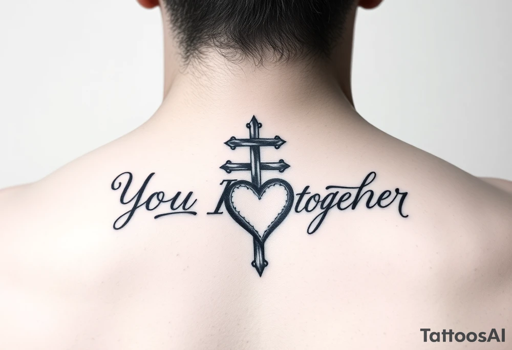 "You and I together" with a cross and a heart integrated into the design tattoo idea