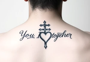 "You and I together" with a cross and a heart integrated into the design tattoo idea