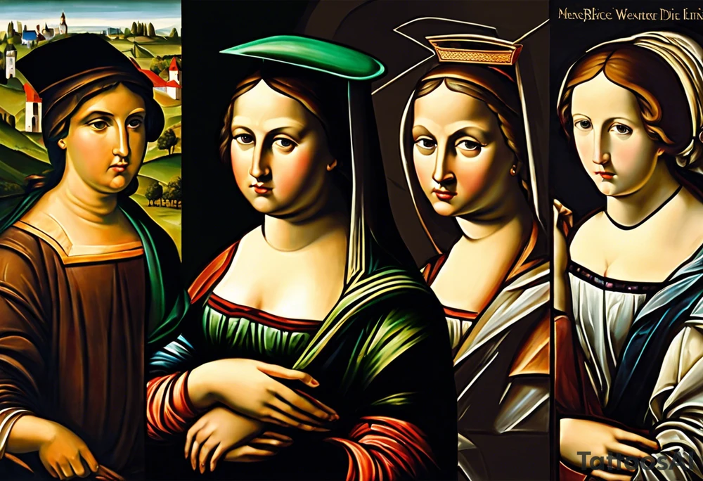 3 webliche Menschen die nebeneinander stehen. Die linke ist ein junges mädchen, die mittlere eine reife Frau, die rechte eine sehr alte frau. Sie blicken  nach vorne.
Es sind 3 weberinen. Sie symbolisisren die moiren, alte schicksalsgöttinen. tattoo idea