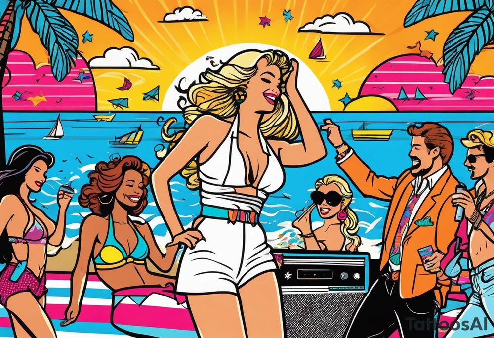 1980's miami vice style beach dance 
party, include confetti, music notes, boom box, bikinis sunset in the center tattoo idea