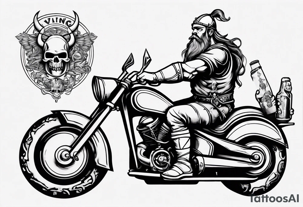 A viking on a motorcycle drinking a beer tattoo idea