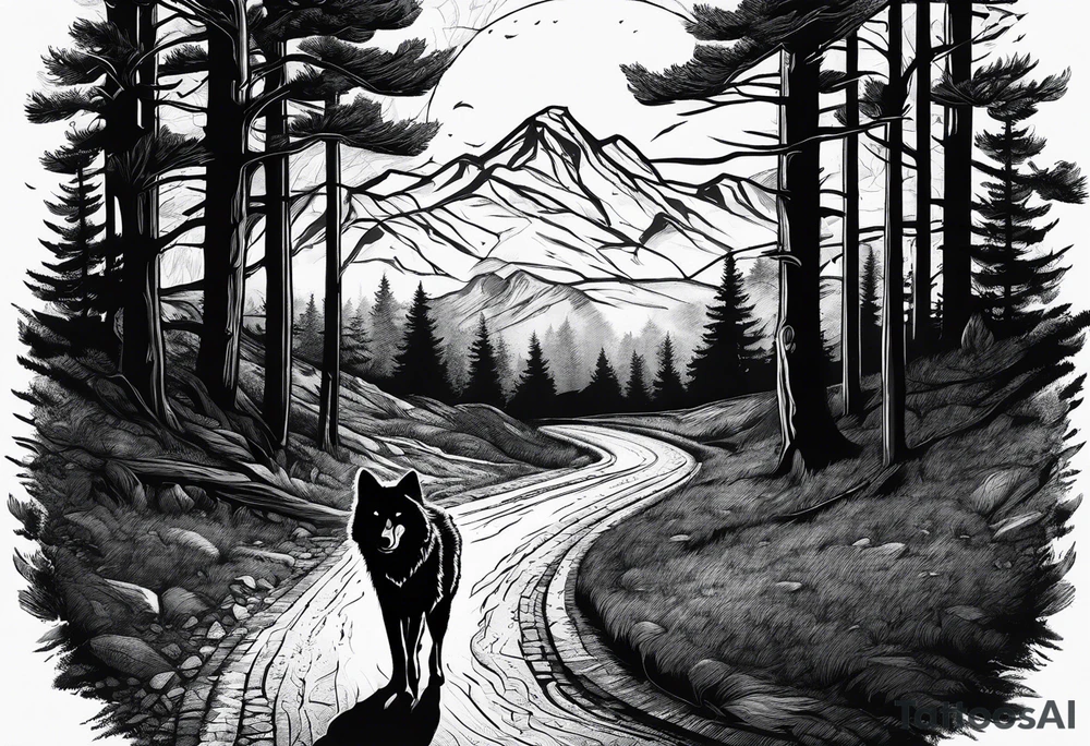 Lone wolf on a path or road. A pack of animals on the opposite end of road. tattoo idea