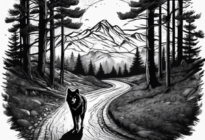 Lone wolf on a path or road. A pack of animals on the opposite end of road. tattoo idea