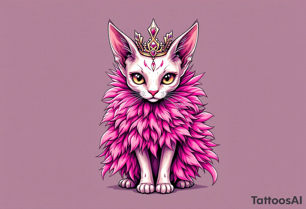 Chibi Glamorous sphinx cat with a pink feather boa and wearing a crown tattoo idea