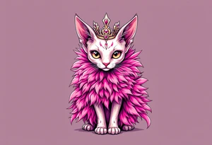 Chibi Glamorous sphinx cat with a pink feather boa and wearing a crown tattoo idea