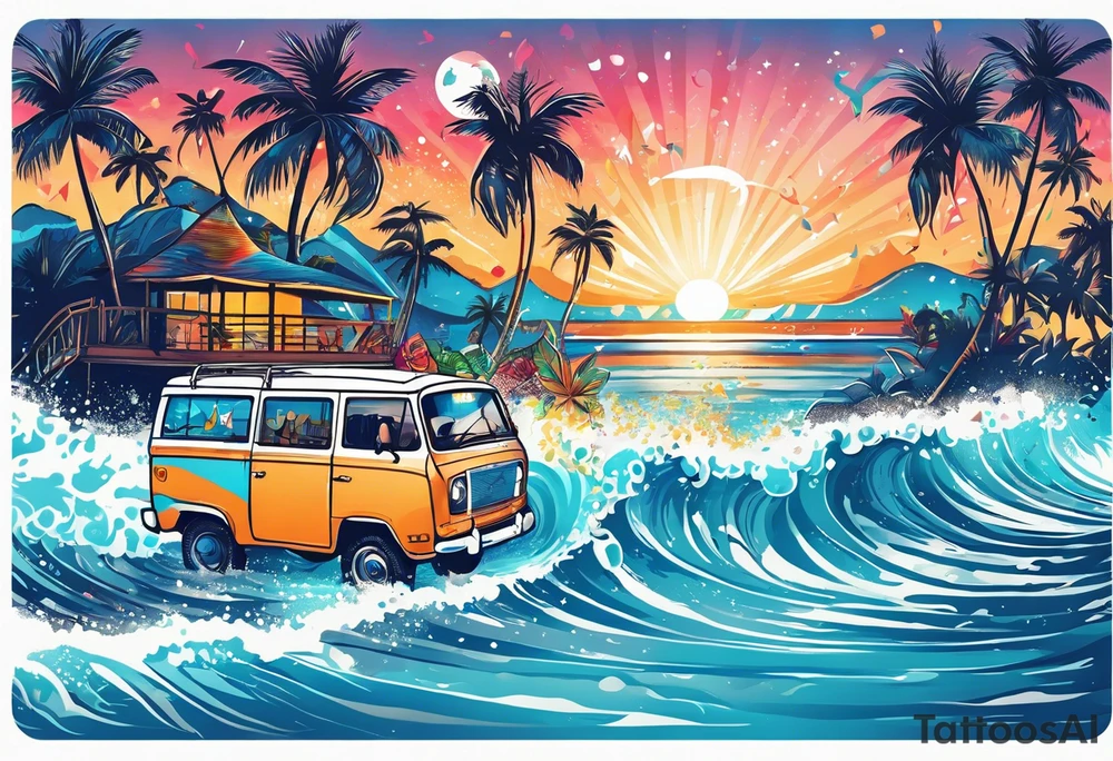 SURFING SAFARI BEACH DANCE 
PARTY WITH CONFETTI AND MUSIC NOTES, TROPICAL DRINKS, SEXY BIKINIS tattoo idea