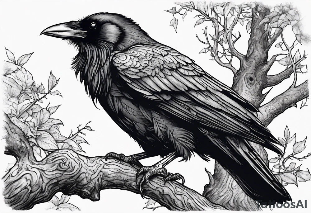 Evil Raven standing  on a tree branch tattoo idea