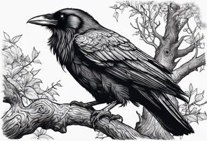Evil Raven standing  on a tree branch tattoo idea