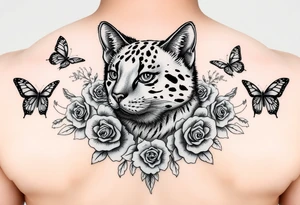 Elegant Burmese feline surrounded by rose ornaments and butterflies tattoo idea