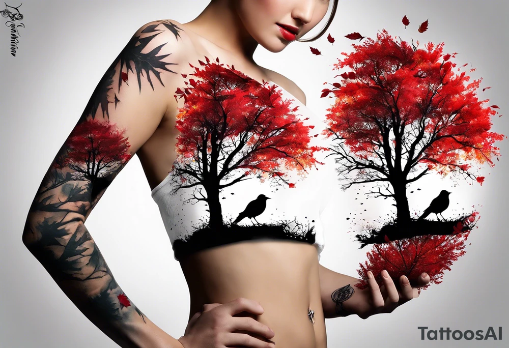 trash polka style. Arm tattoo. Long tattoo. Full sleeve. Shoulder. A single large maple tree with red autumn leaves that branches upwards from wrist to shoulder. White-throated dipper bird on the trees branches. Calluna flowers at the base of the trees stem. Tree stem has dark colors. Red/yellow sunset behind the trees stem. Leaves falling. tattoo idea