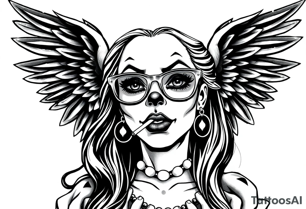 beautiful long hair pin up Clown Girl thug eyeglasses angelic wings smoking a cigarette tattoo idea