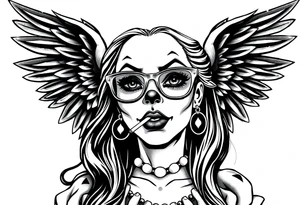 beautiful long hair pin up Clown Girl thug eyeglasses  angelic wings smoking a cigarette tattoo idea