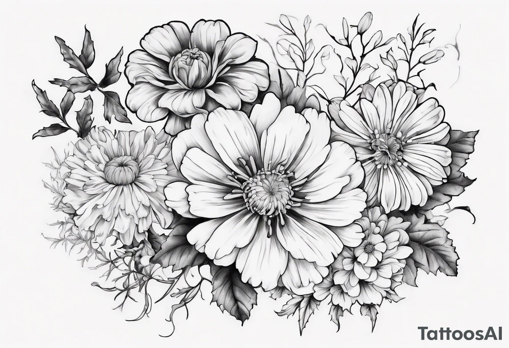 a sleeve tattoo of Marigold flowers, Cosmos flowers, Chrysanthemum flowers, Narcissus flowers, Holly flowers, roses and honeysuckles. tattoo idea