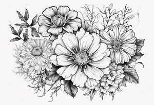 a sleeve tattoo of Marigold flowers, Cosmos flowers, Chrysanthemum flowers, Narcissus flowers, Holly flowers, roses and honeysuckles. tattoo idea