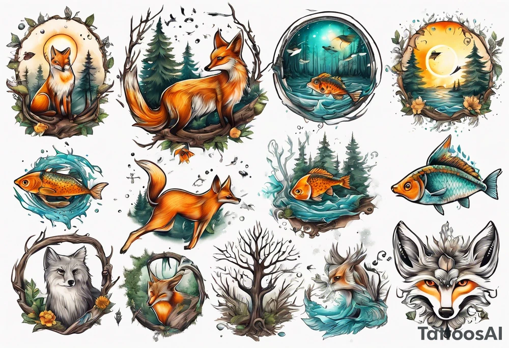 sonne, eule  wald, fuchs 
baum, sapere aude, Wasser, fisch tattoo idea