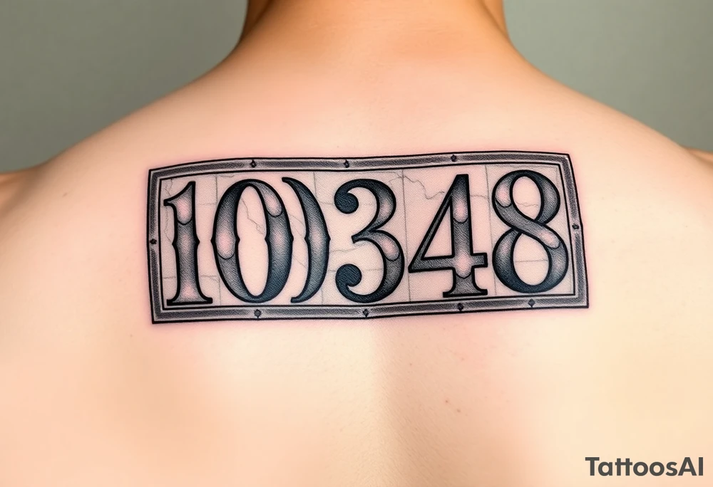 I want to use the numbers 10348 done in the style of New Orleans street tiles and also using the same color scheme.  I would like it to be rectangle
In shape and match the style and feel
OfNew Orleans street tiles. tattoo idea