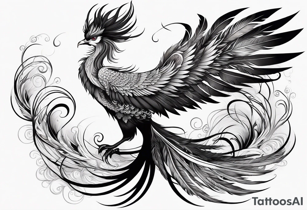 graceful asian style phoenix with extra long tail feathers and a long neck and large feathers tattoo idea