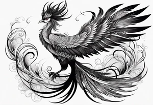graceful asian style phoenix with extra long tail feathers and a long neck and large feathers tattoo idea