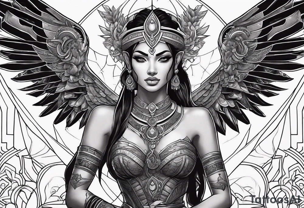 left side chest looking right, kali, alien goddess, valkrye, zenza, lotus, wing, pachamama, tattoo idea